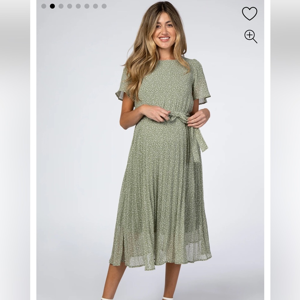 PinkBlush Light Olive Leaf Print Pleated Maternity Midi Dress, Medium